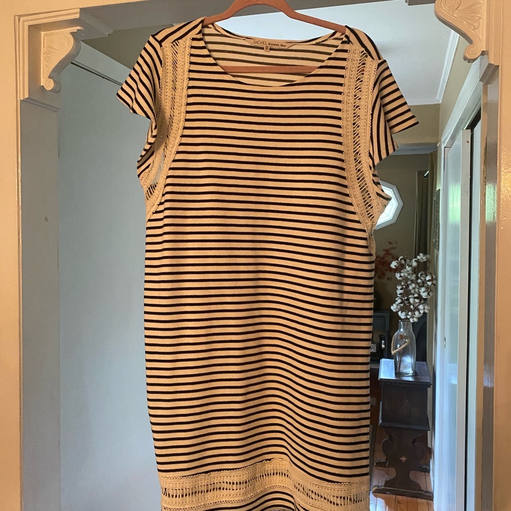 Rachel Roy Crochet Inset Black Ivory Striped Shift Dress XXL